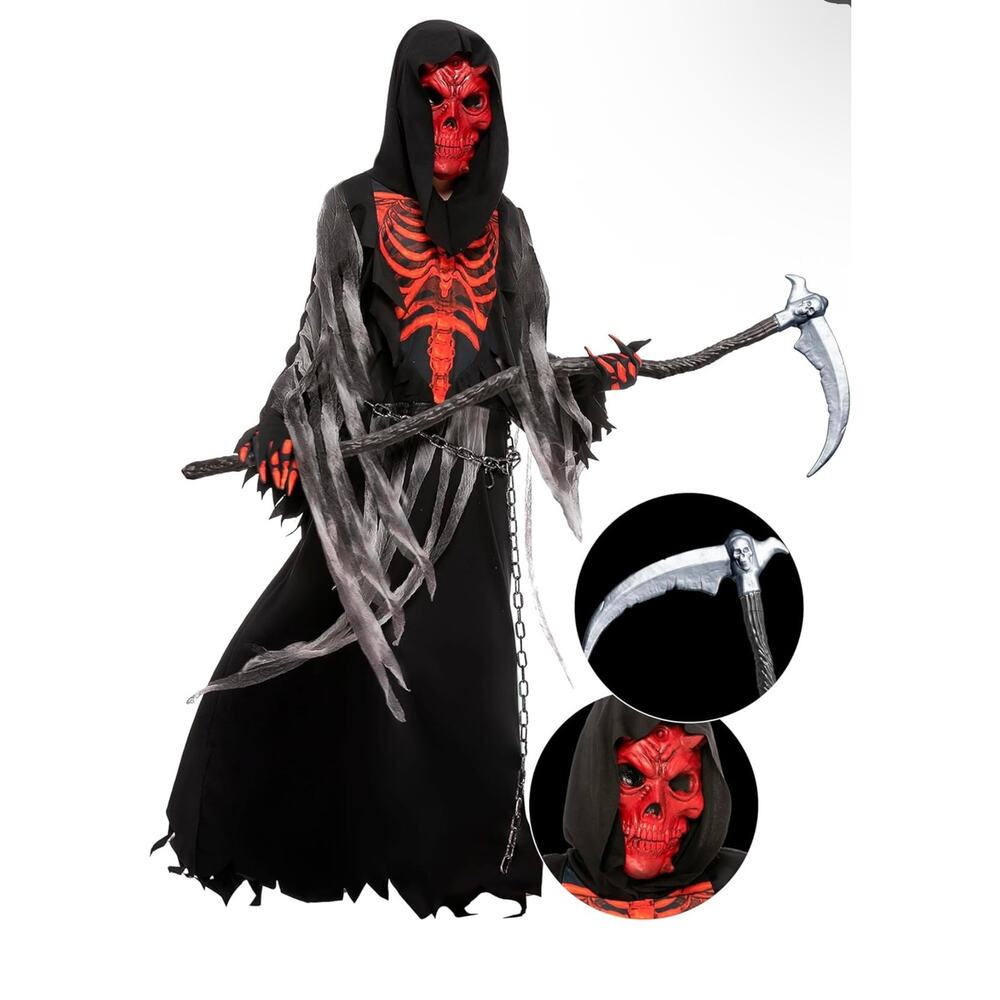 Spooktacular Creations Red Skull Grim Reaper Costume Child's Sz. L 10-12